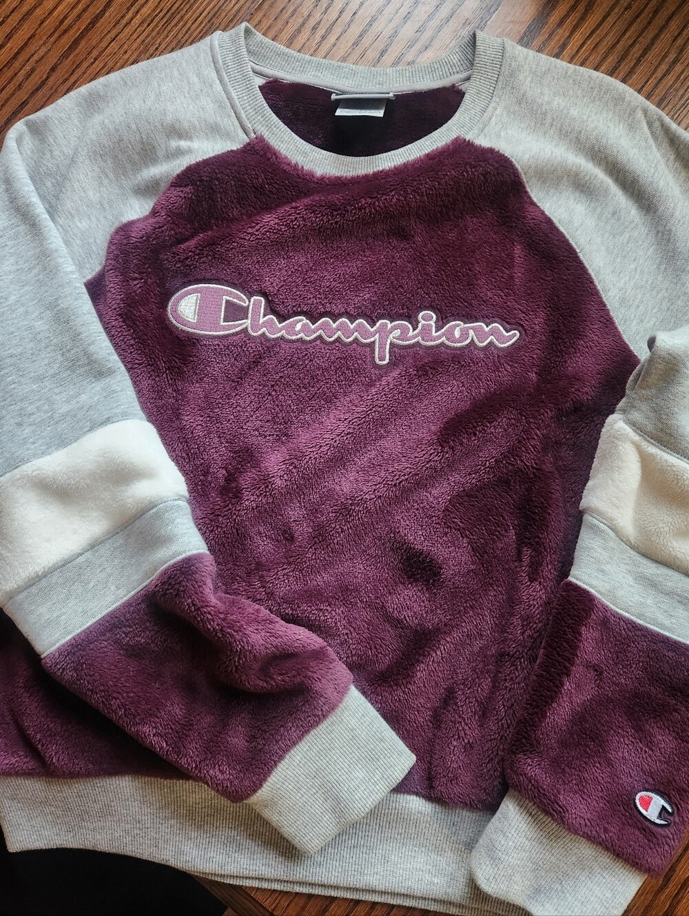Champion Plush Crewneck in Plum and Light Gray